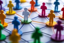 Colorful figures connected by lines illustrating social media networks and interactions Colorful figures connected by lines illustrating social media networks and interactions